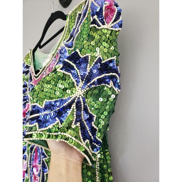 Vintage‎ Silk Cocktail Dress 80s Sequin Flapper Wearable Art Deco Beaded GATSBY - Picture 8 of 10